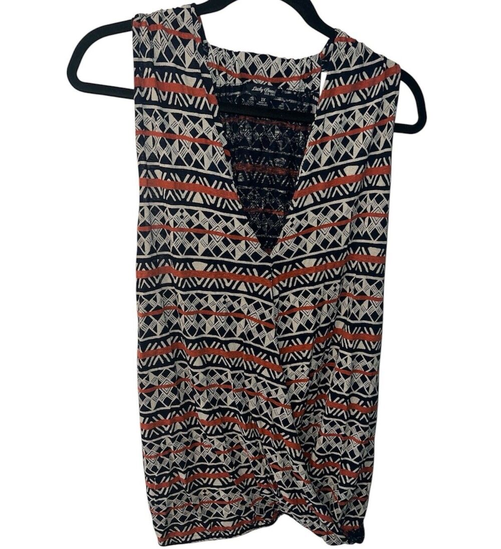 Lucky Brand Shirt Women 1X Linen Viscose Top Razor Back Sleeveless Boho Aztec - Picture 2 of 9